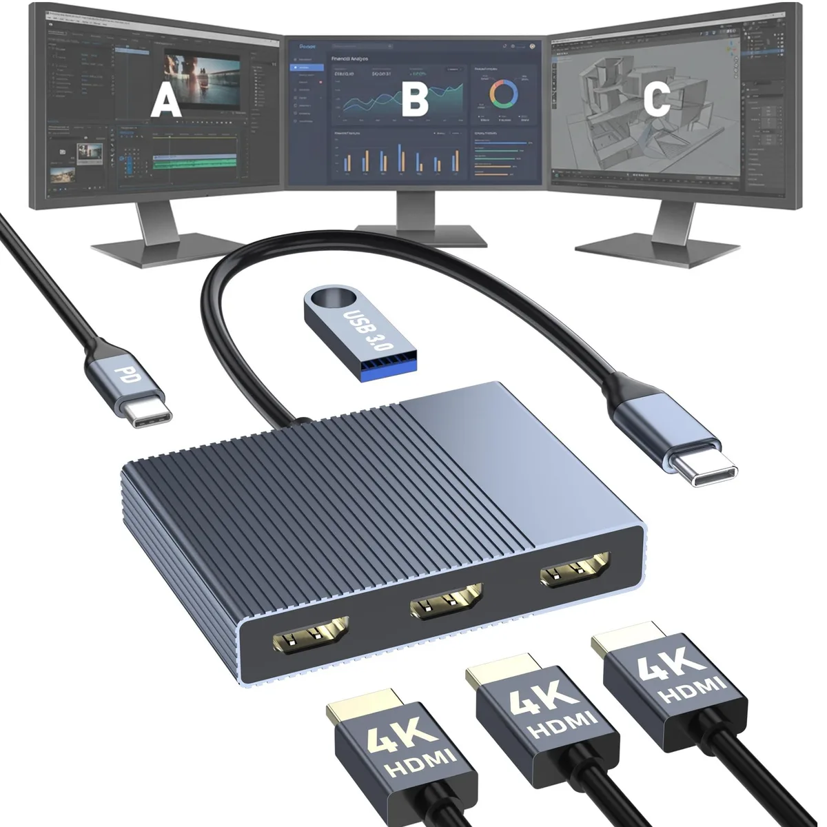 Aibilangose AIB-5-Port 5-Port USB-C to 3 HDMI Adapter — product photo