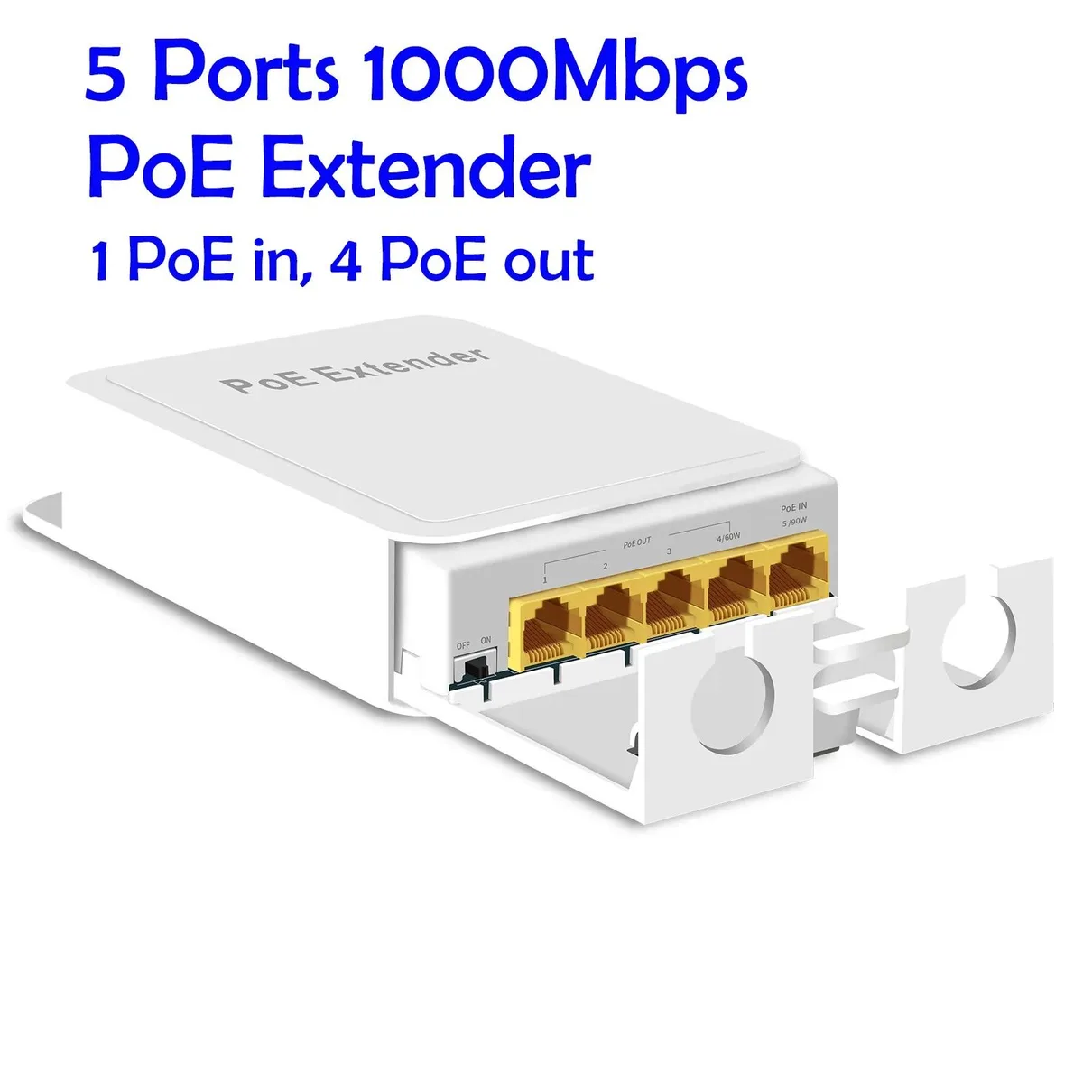 Compact rectangular outdoor PoE extender, white ABS housing with five shielded Ethernet ports, wall-mount brackets visible