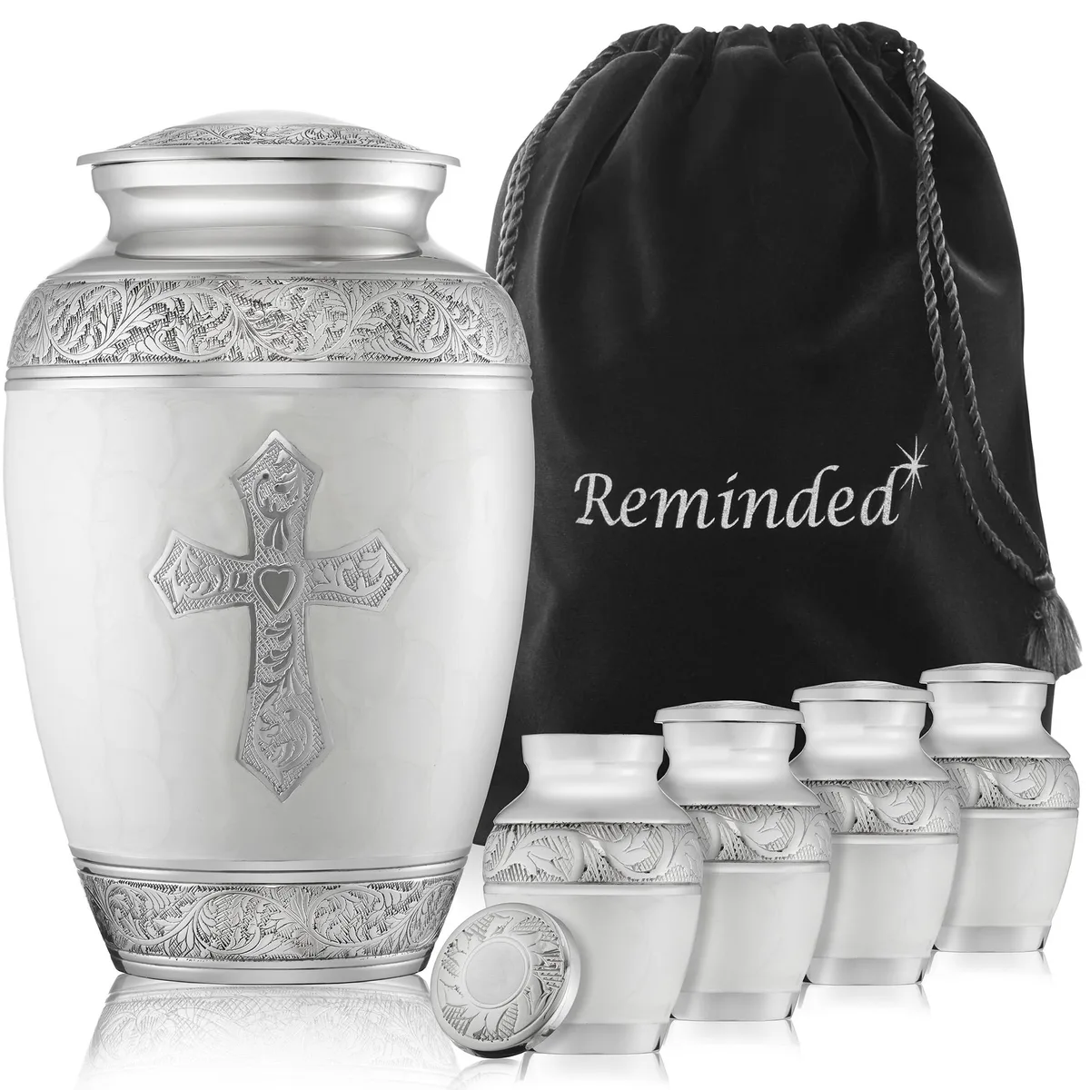 Reminded Reminded Set of 5 Engraved Cross Cremation Urns White — product photo