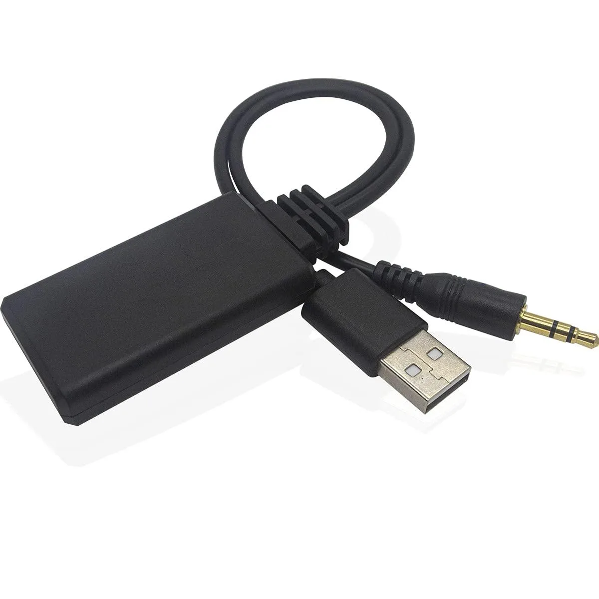Black rectangular Bluetooth adapter with USB and 3.5 mm aux plugs