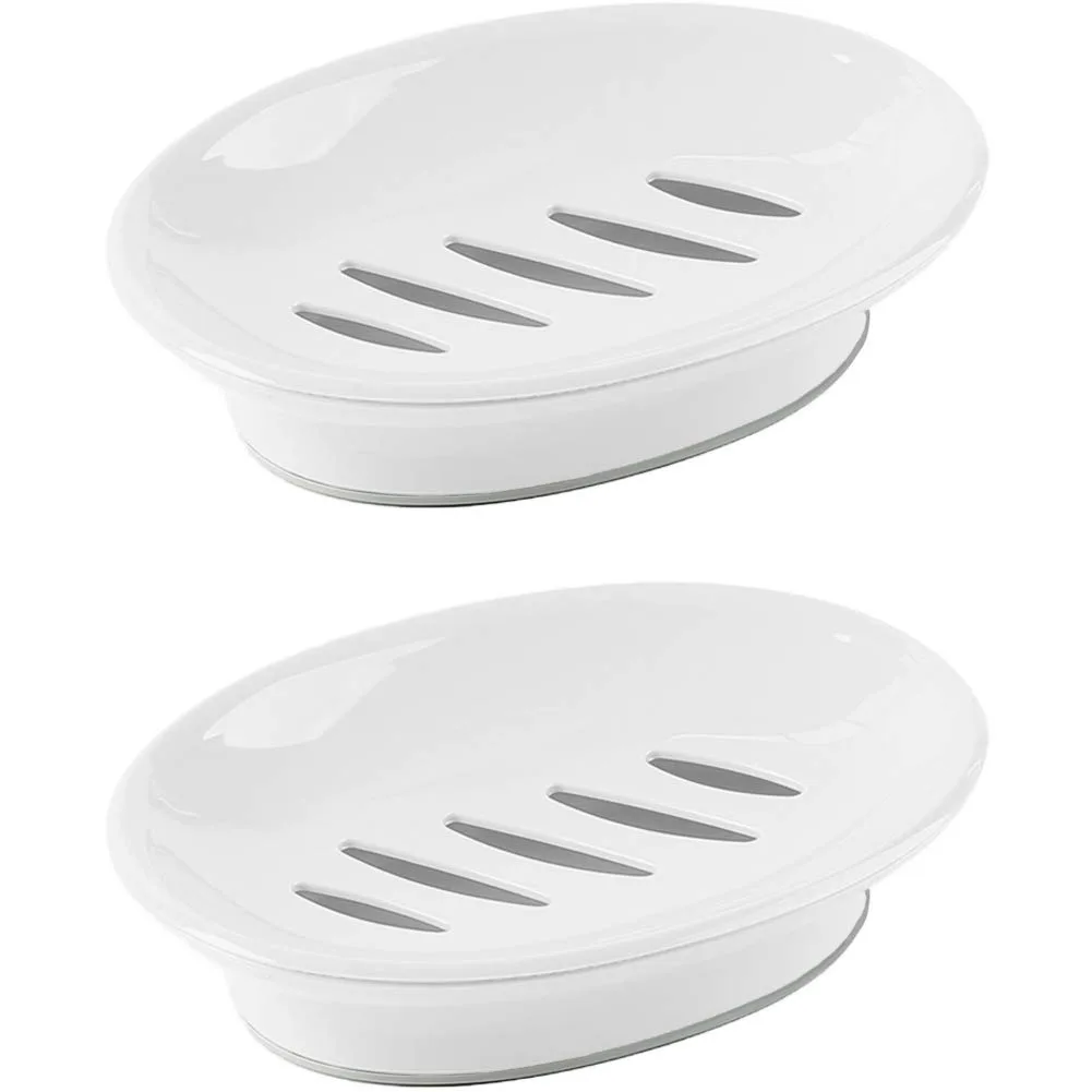 Two white rectangular plastic soap dishes with slotted upper trays and solid bases, 6.1 by 4.5 inches each