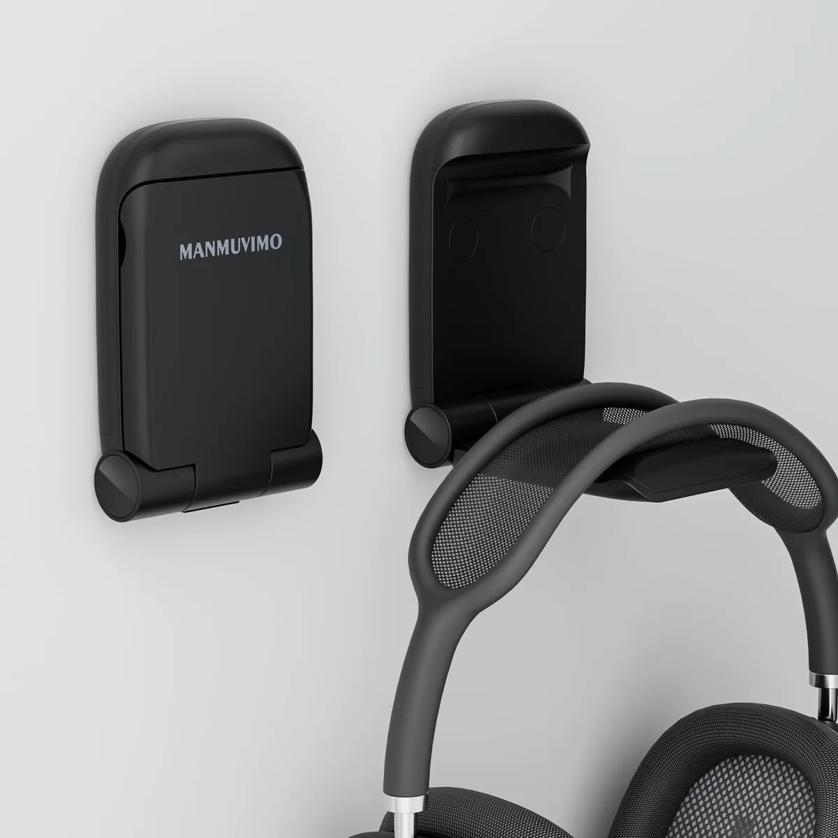White foldable headphone stand with adhesive mount and silicone pads