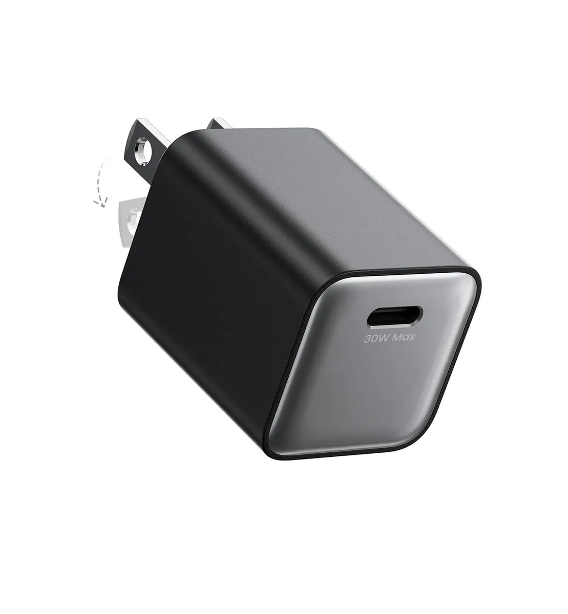 Compact black USB-C wall charger with foldable plug