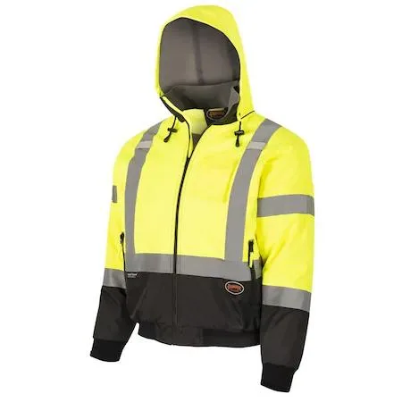 Hi-vis yellow and black waterproof bomber jacket with reflective tape and detachable hood