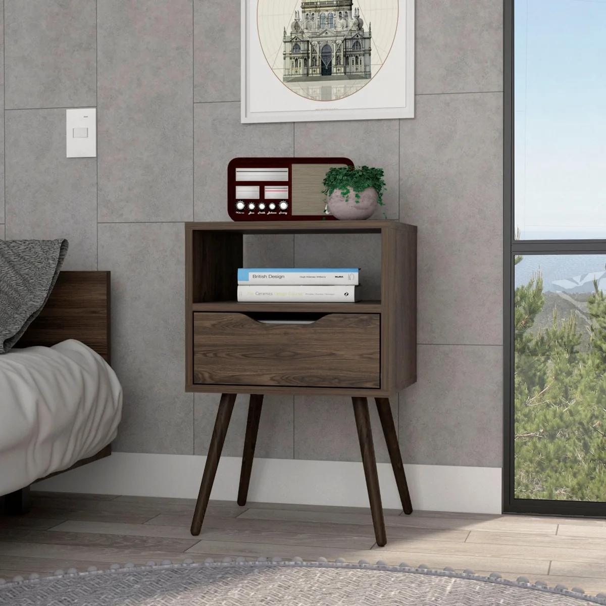Dark walnut nightstand with four legs, one drawer and open shelf, 25 inches high