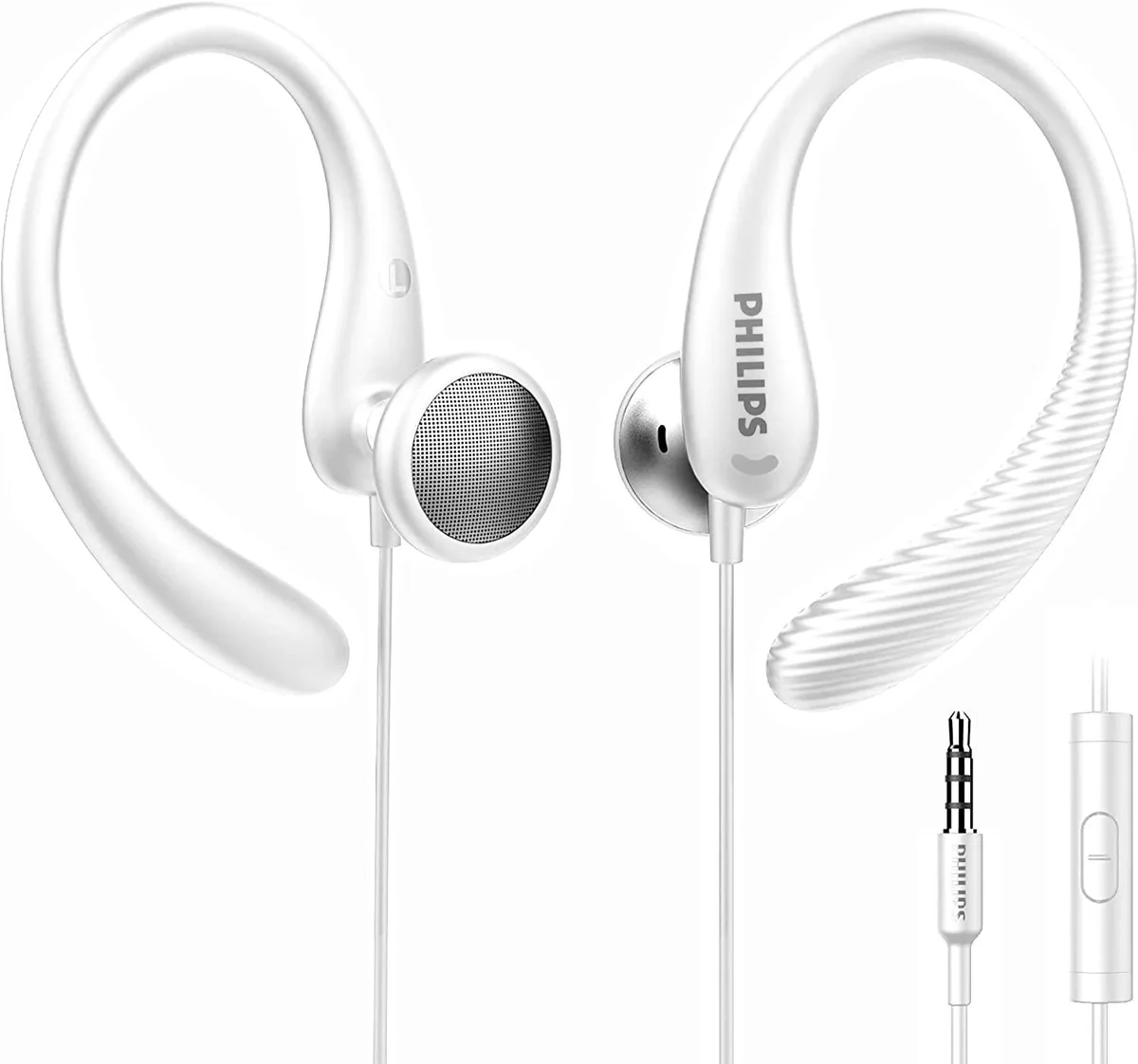 White wired earhook headphones with 15mm drivers and inline microphone