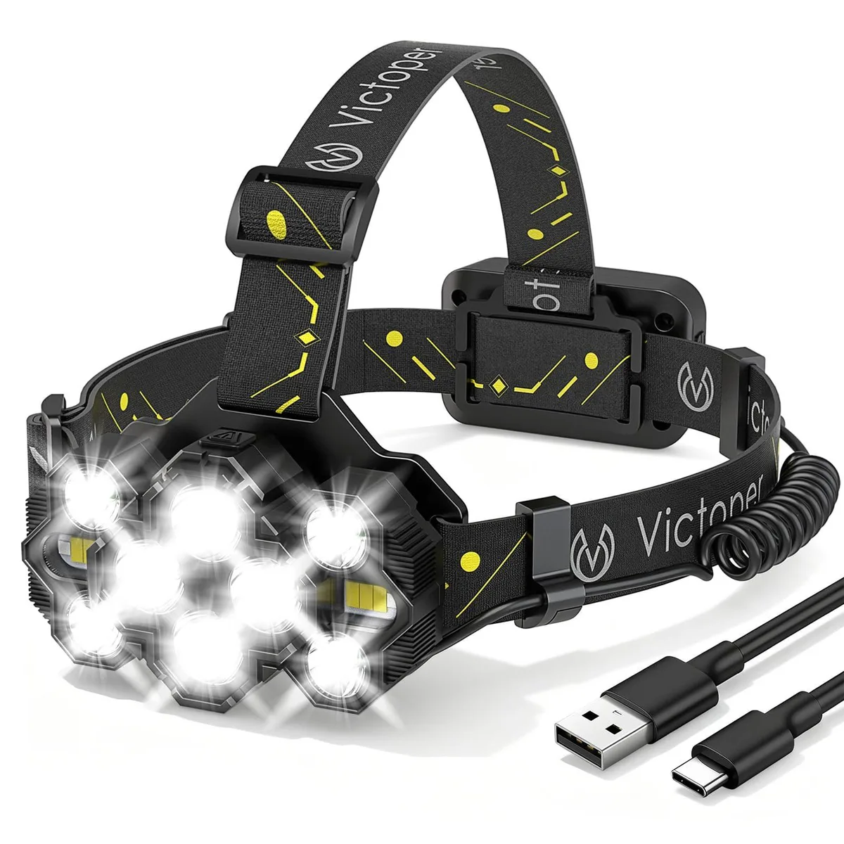 Black rectangular headlamp unit with ten LED lenses and elastic headband attached