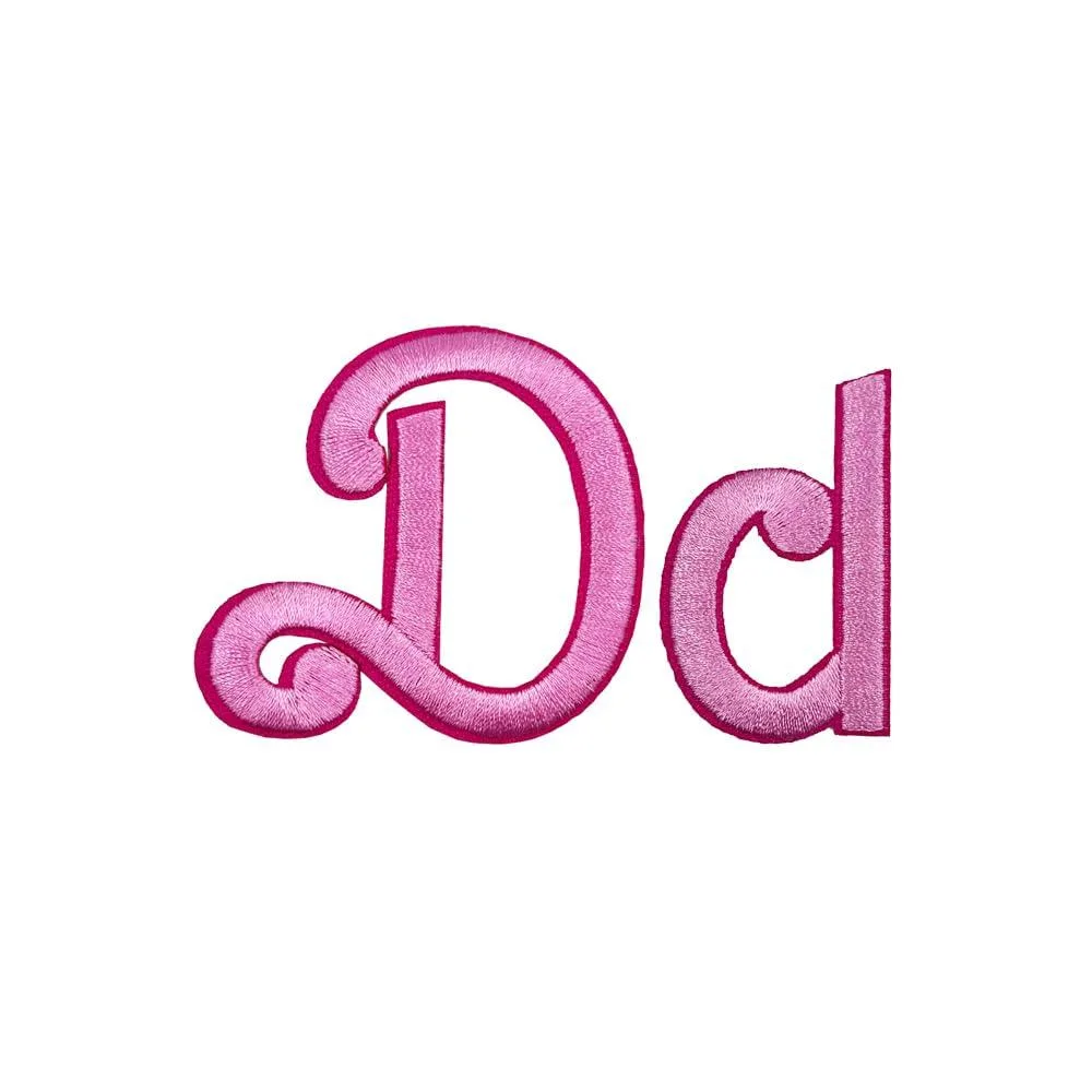Small pink cursive letter D iron-on patch on polyester fabric
