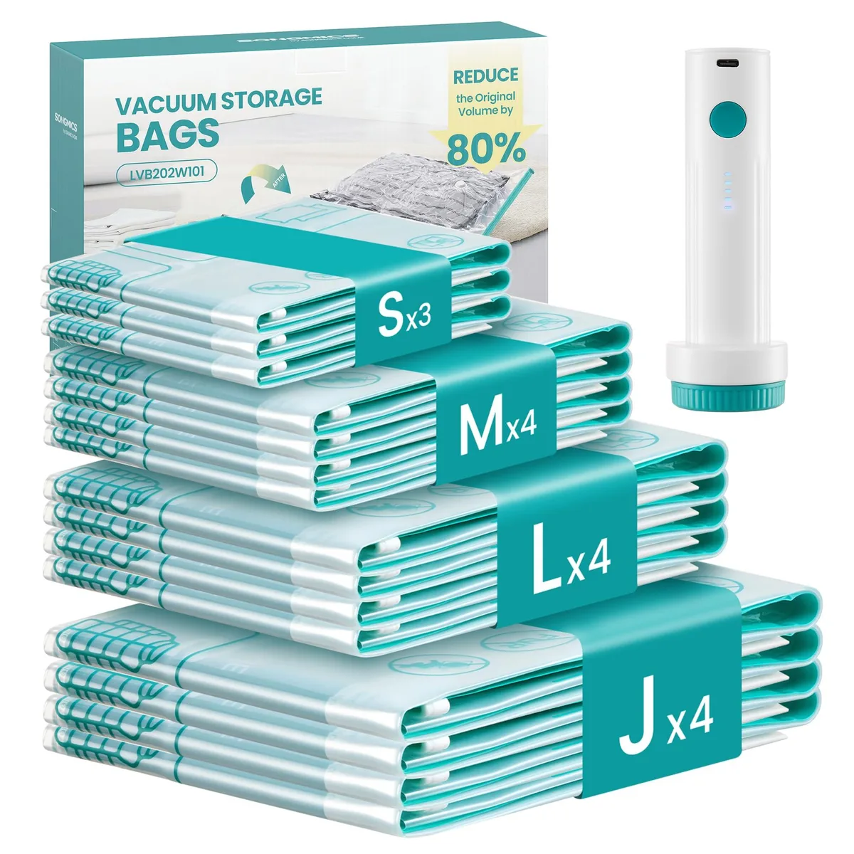 Transparent vacuum storage bags in multiple sizes with grey rechargeable pump