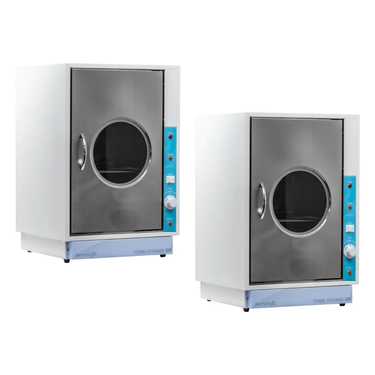 Two stainless steel towel steamers with clear windows and three shelves each