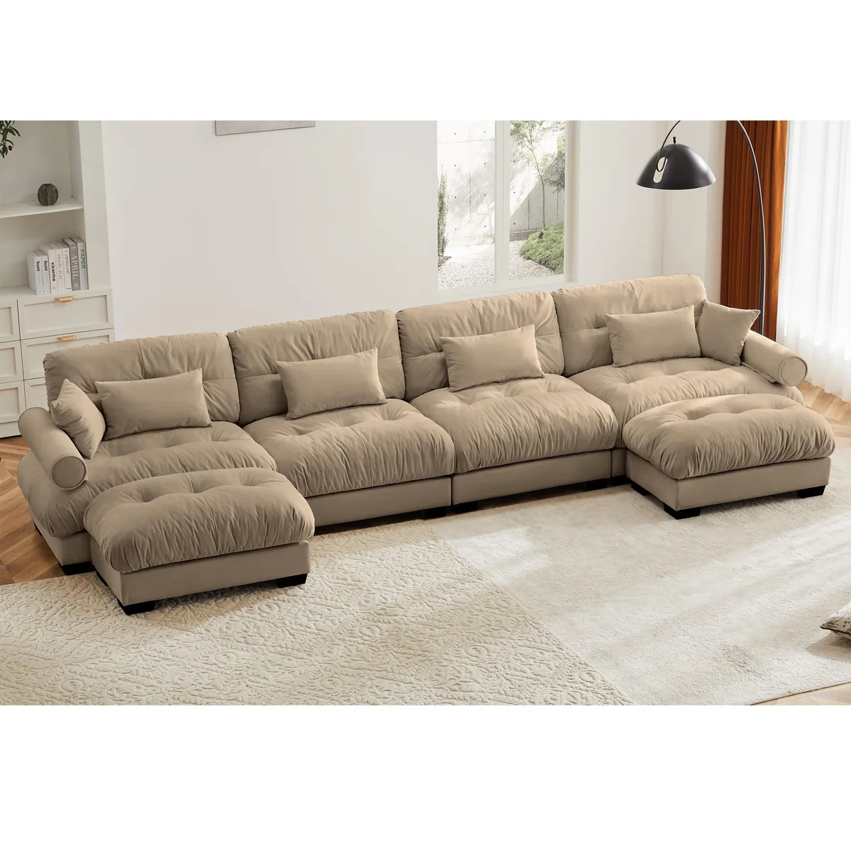 U-shaped sectional sofa in camel velvet with movable ottomans and bolstered armrests