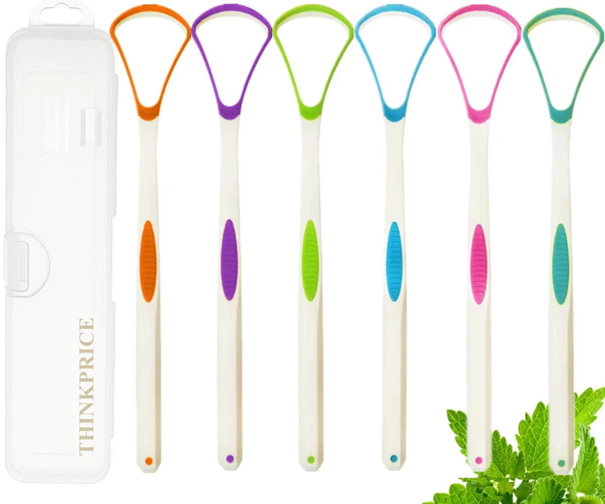 Six white plastic tongue scrapers in a clear travel case