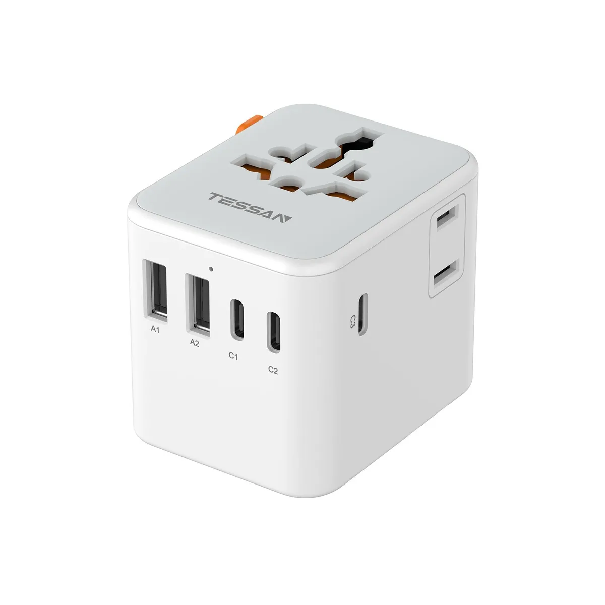 TESSAN TS-WTA08 28W Universal Travel Adapter with 5 USB Ports 3 USB-C 2 AC Outlets White — product photo