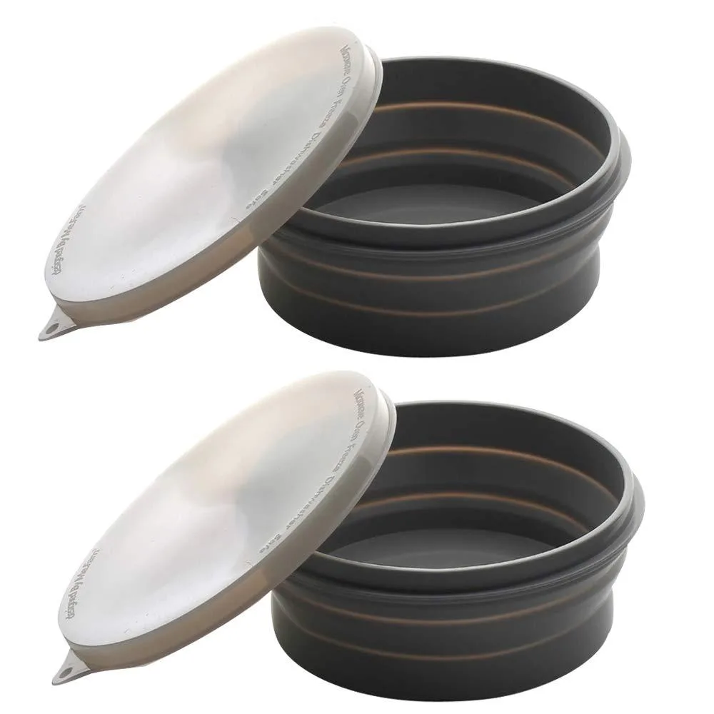 Four gray collapsible silicone bowls with clear lids, round and folded flat