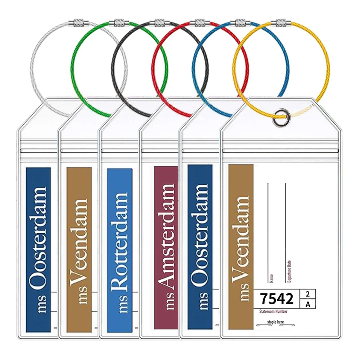 Six clear zip-seal tag holders with coloured braided steel loops, 3.4 by 6 inches