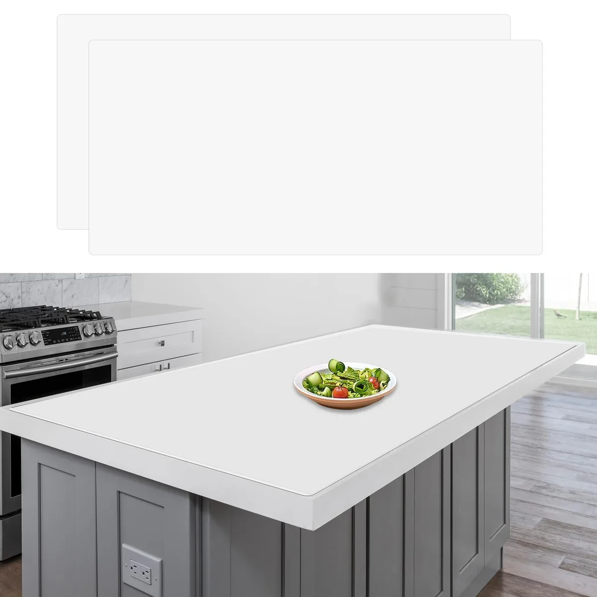 Two large semitransparent silicone mats, each 48 by 24 inches, matte finish on both sides, rolled for storage