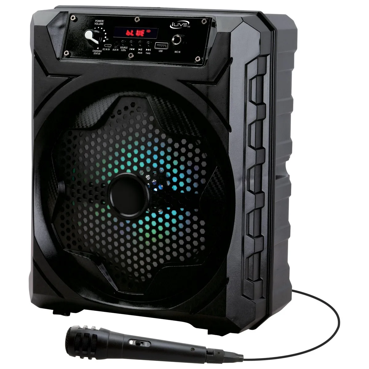 Black portable karaoke speaker with carry handle and LED lights