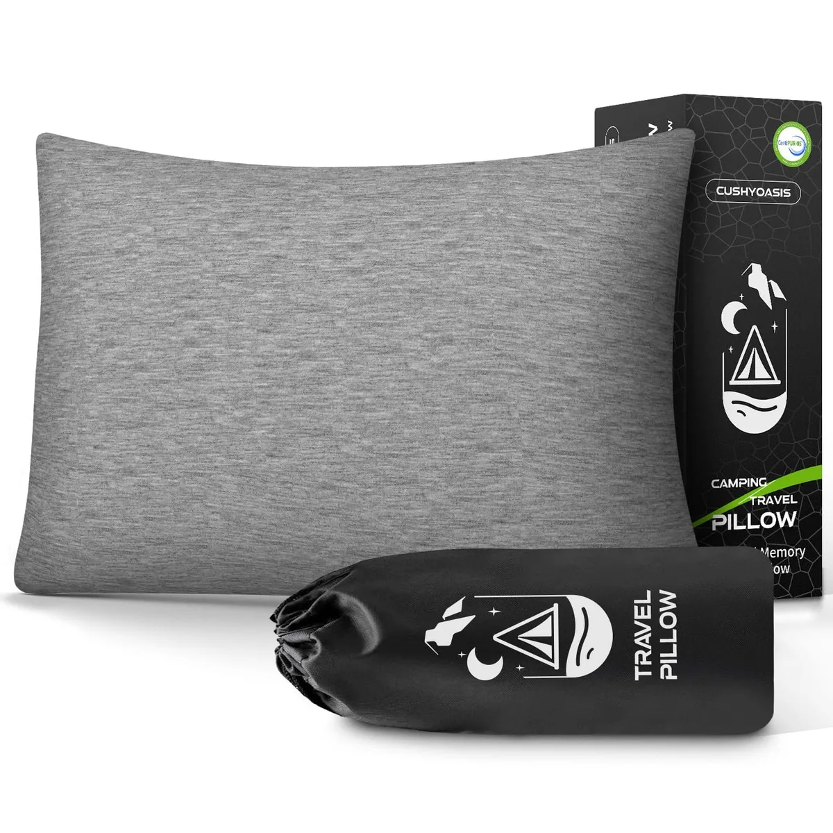 Small 16 x 12 memory foam travel pillow with eye mask and earplugs in storage bag
