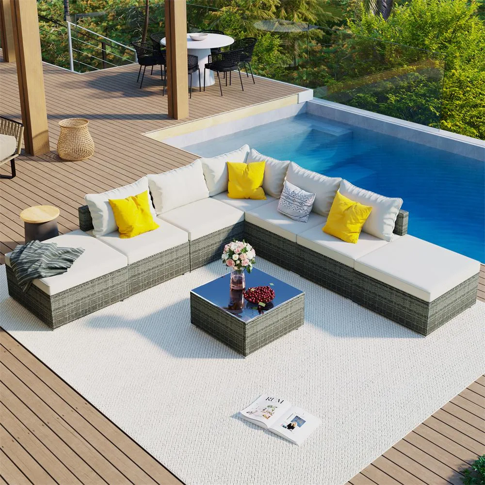 visiPower visiPower 8-Piece Patio Furniture Set Gray Wicker Beige Cushions — product photo