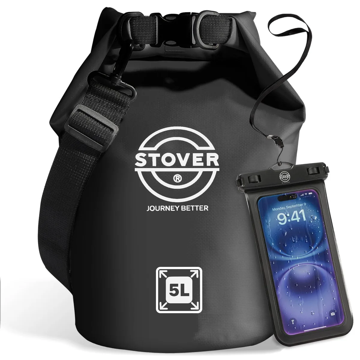Black 5L vinyl dry bag with roll-top closure and adjustable shoulder strap