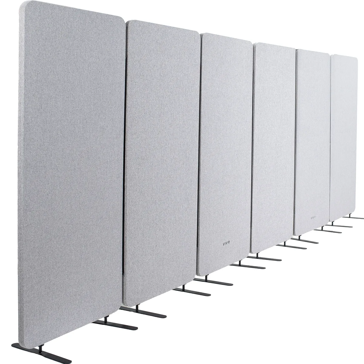 Six gray fabric panels on feet forming a 145 inch wide room divider
