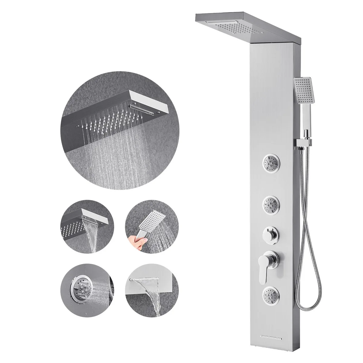 VEVOR VEVOR 1049FL Shower Panel Tower System 53 in Brushed Stainless Steel 5-Function Wall-Mount — product photo