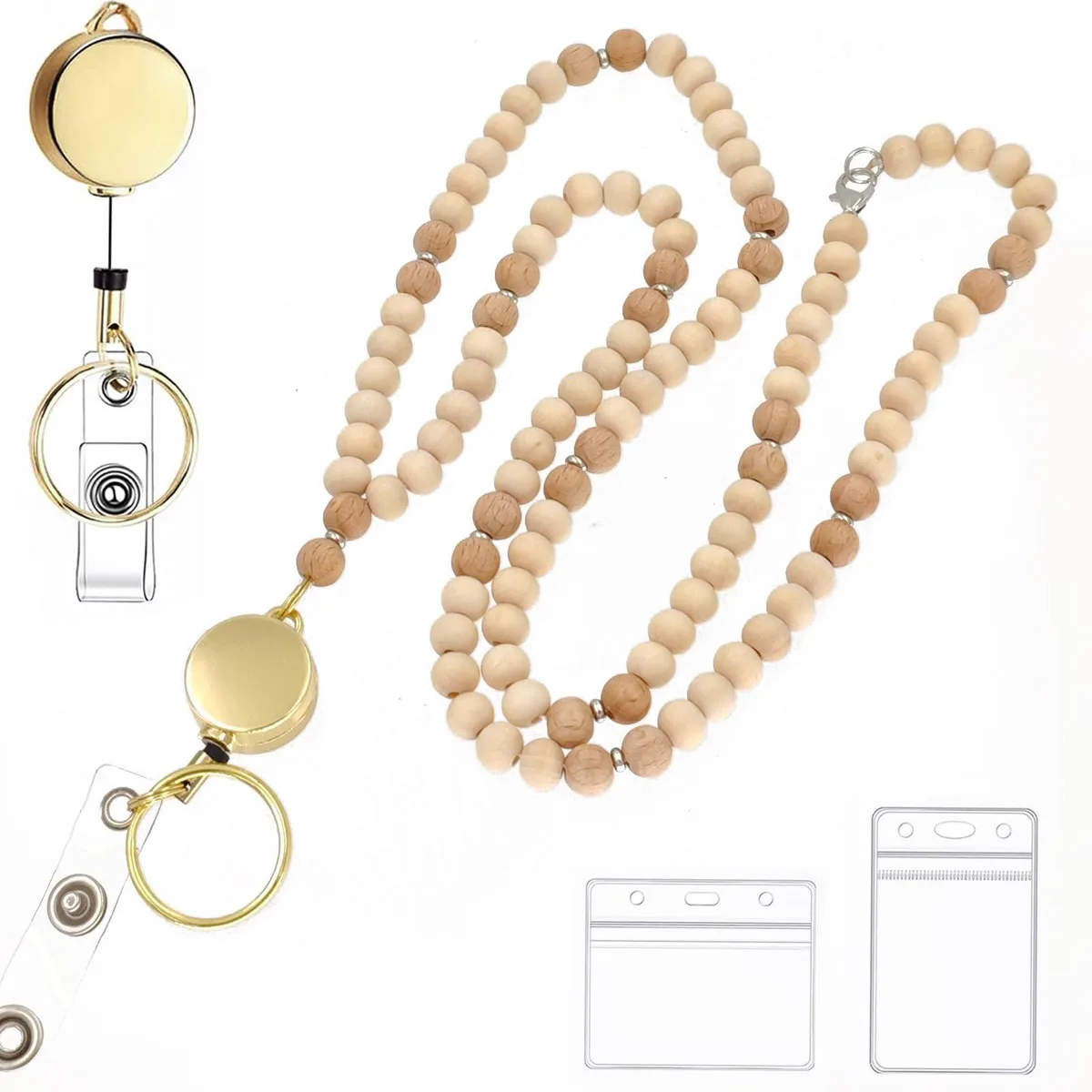 Zhzcncg Wooden Beaded Retractable Lanyard 19" Brown — product photo