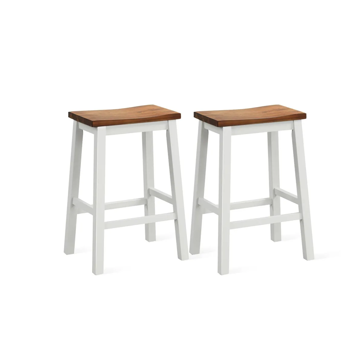 Two walnut and gray saddle barstools with wood frames and footrests