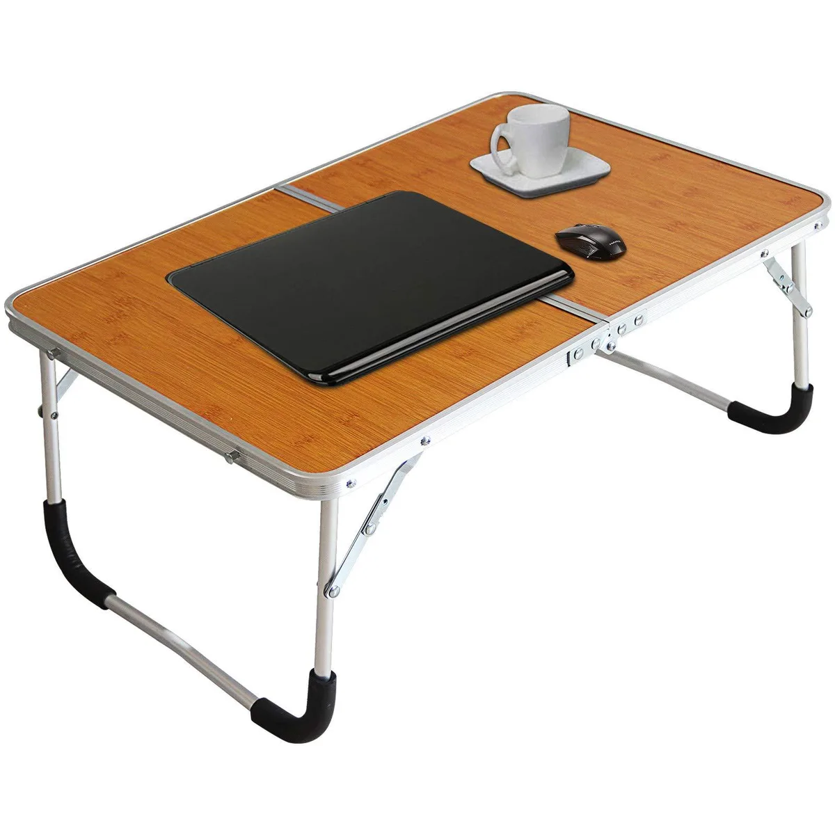 Light bamboo-grain tabletop on black folding aluminium legs, shown open with inner storage visible