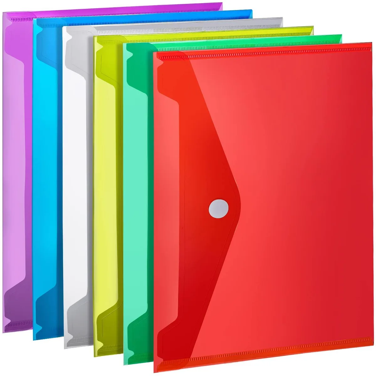 Six clear plastic A4 folders in assorted colours with paste closures