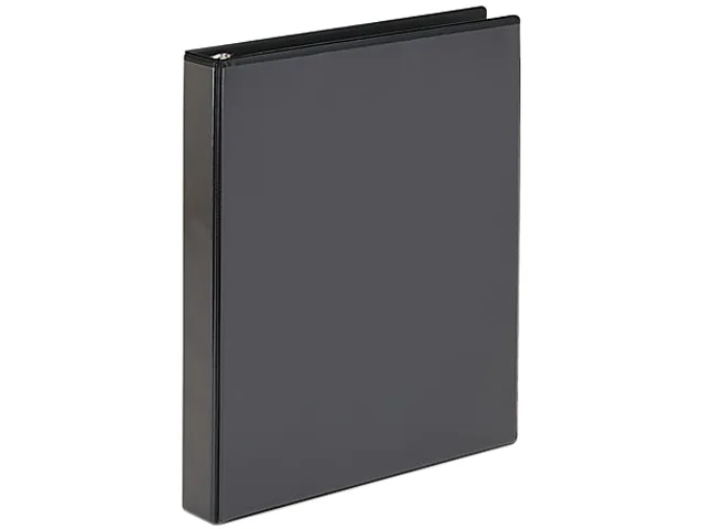 Black 1-inch three-ring binder with clear overlay on front, back and spine