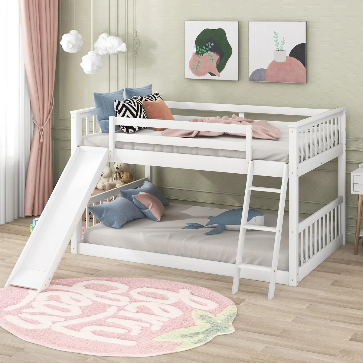 tuphen tuphen Full over Full Bunk Bed with Slide and Ladder White — product photo