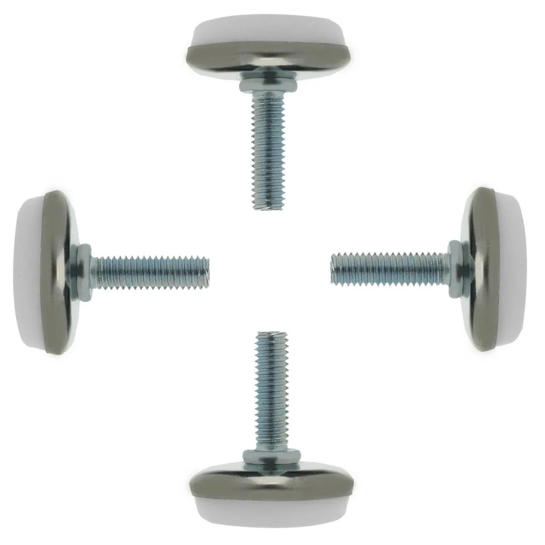 Four black plastic round base leveling feet with threaded metal screws visible