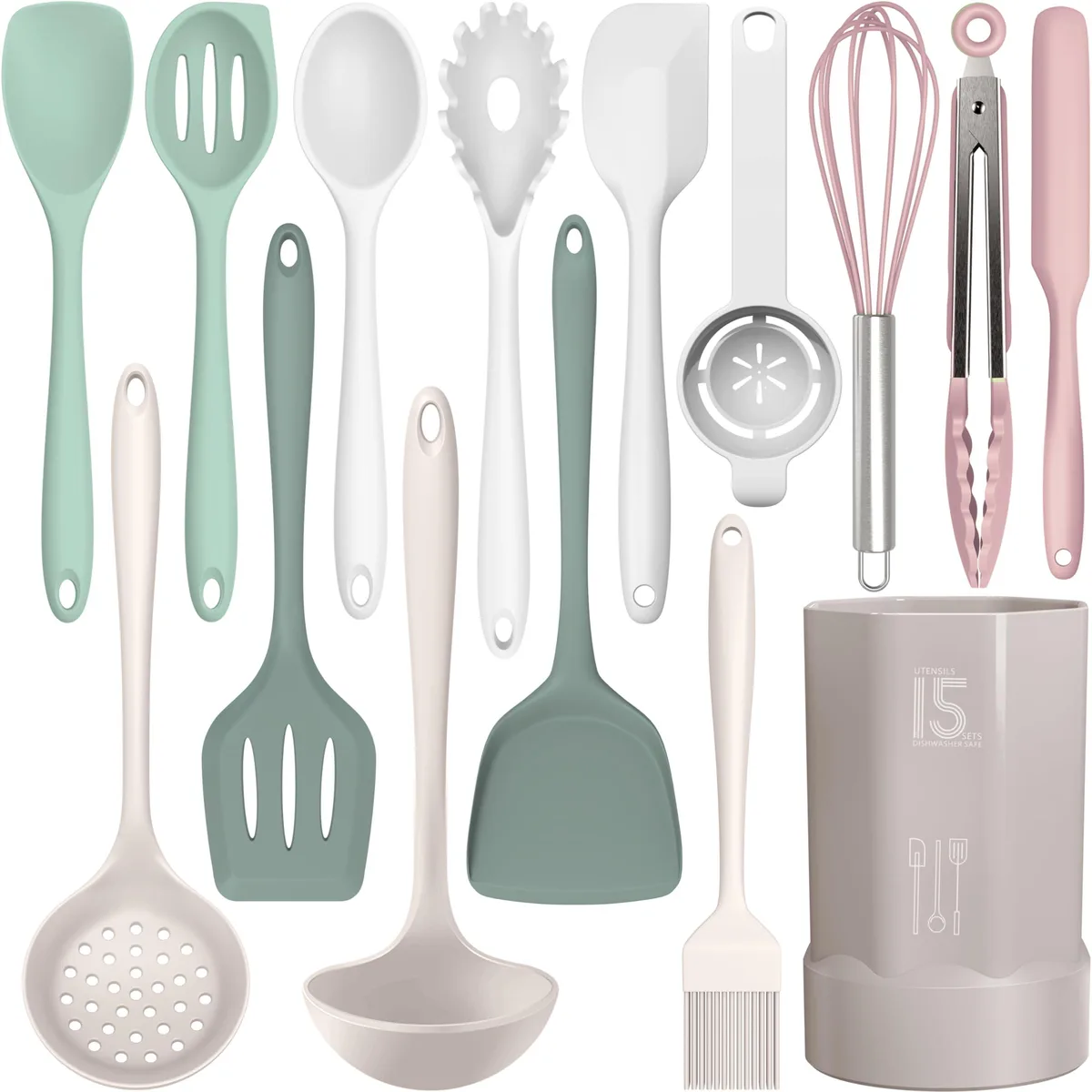 Fifteen multicolour silicone utensils with bamboo handles in rectangular box