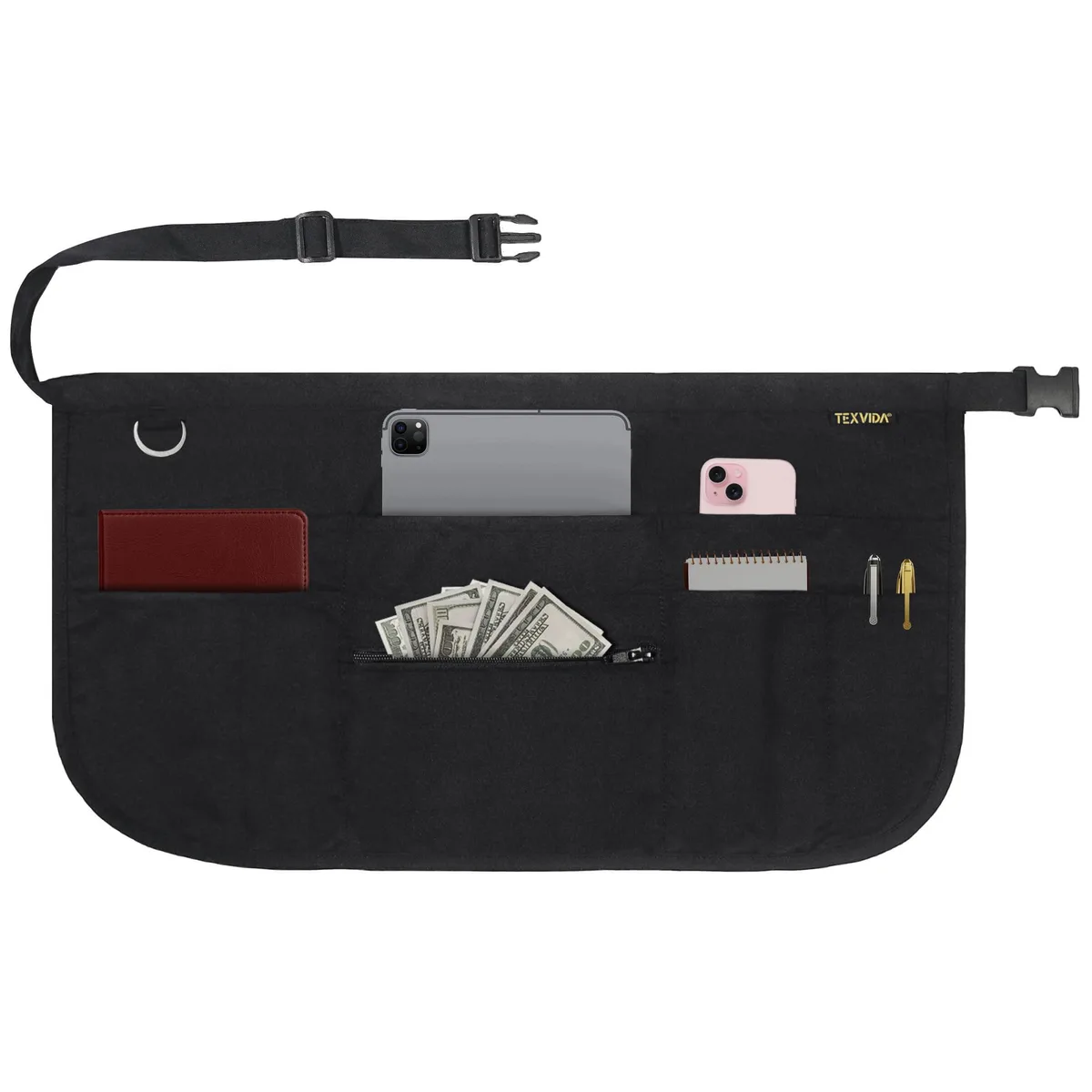 Black half apron with buckle waist strap and seven pockets including one zippered pouch
