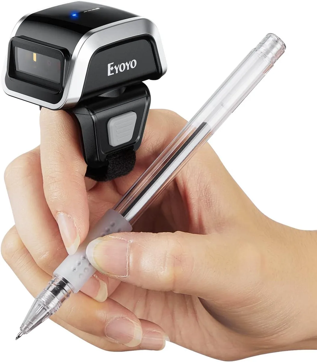 Small black ring barcode scanner with fixed scan head and two-finger wearable design