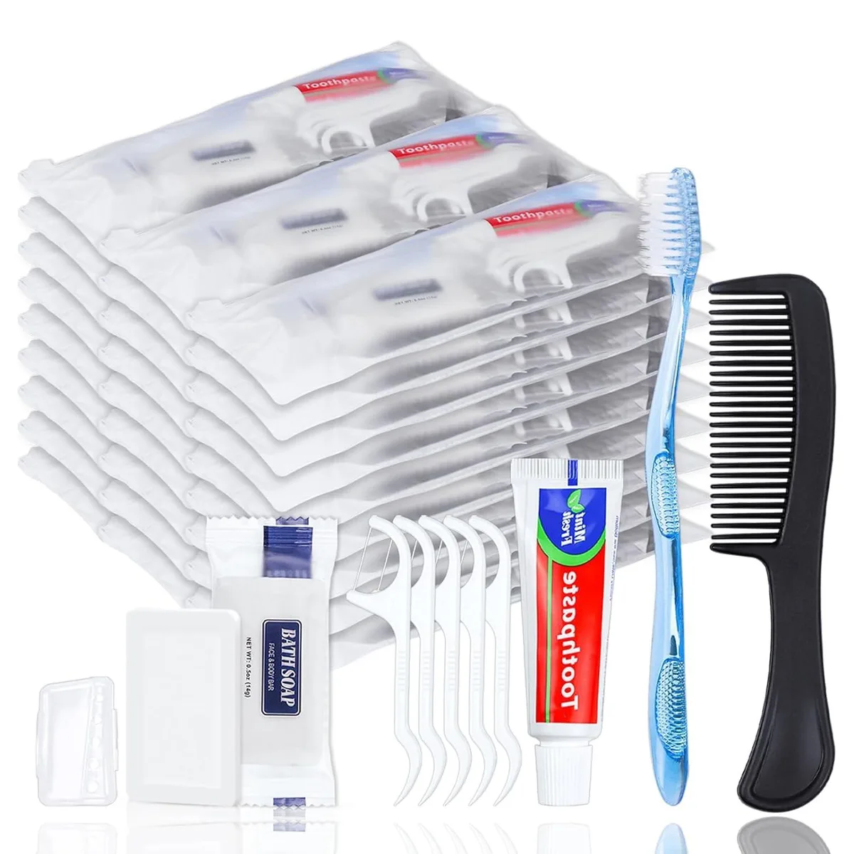Five blue travel hygiene kits in zipper bags each with toothbrush toothpaste comb floss soap cover