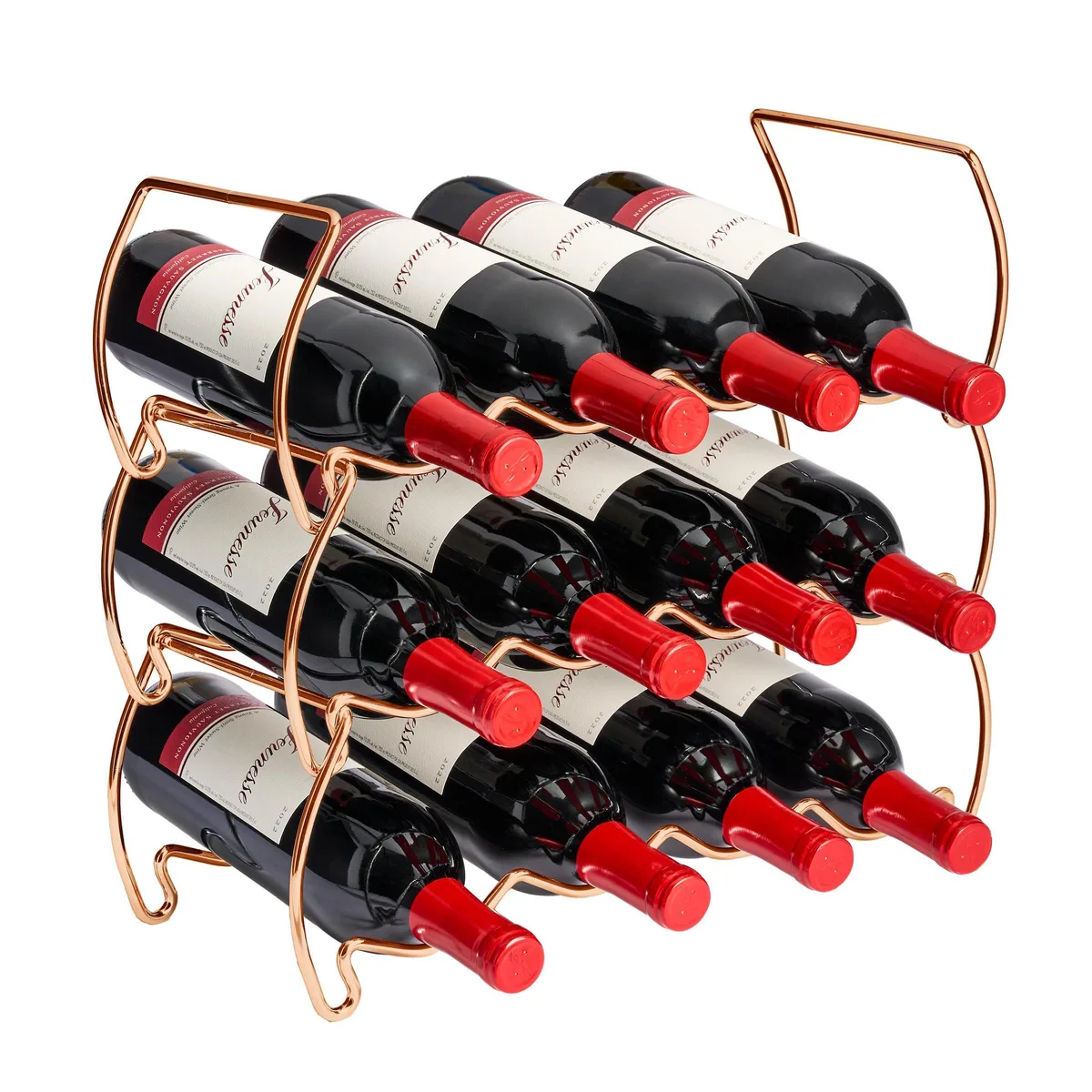 Copper three-tier metal wine rack, holds twelve bottles