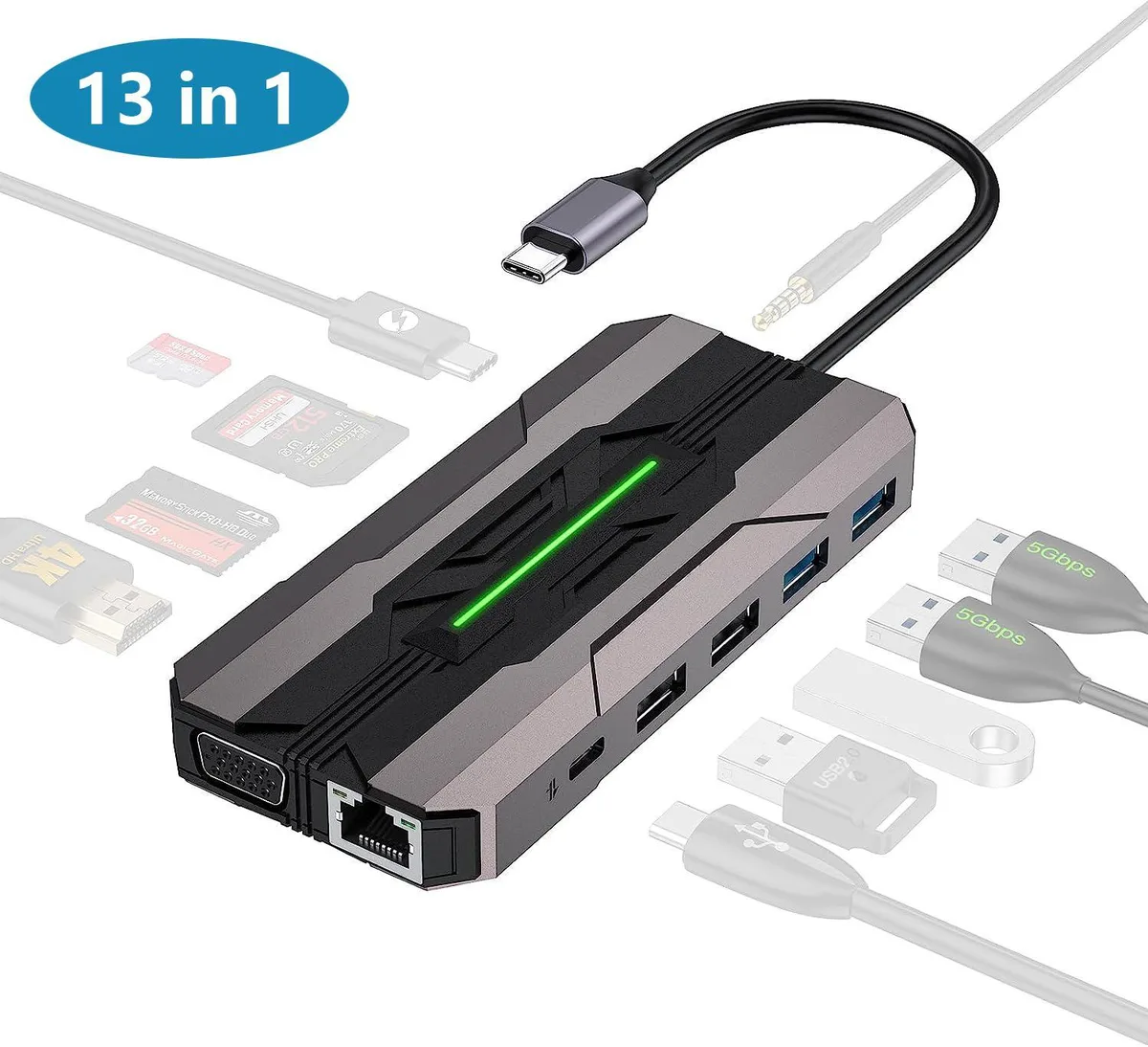 WRIARICH WRIARICH 13 in 1 USB C Hub Gray 100W PD 4K HDMI VGA Ethernet SD TF 2 USB 3.0 2 USB 2.0 USB C 3.0 — product photo