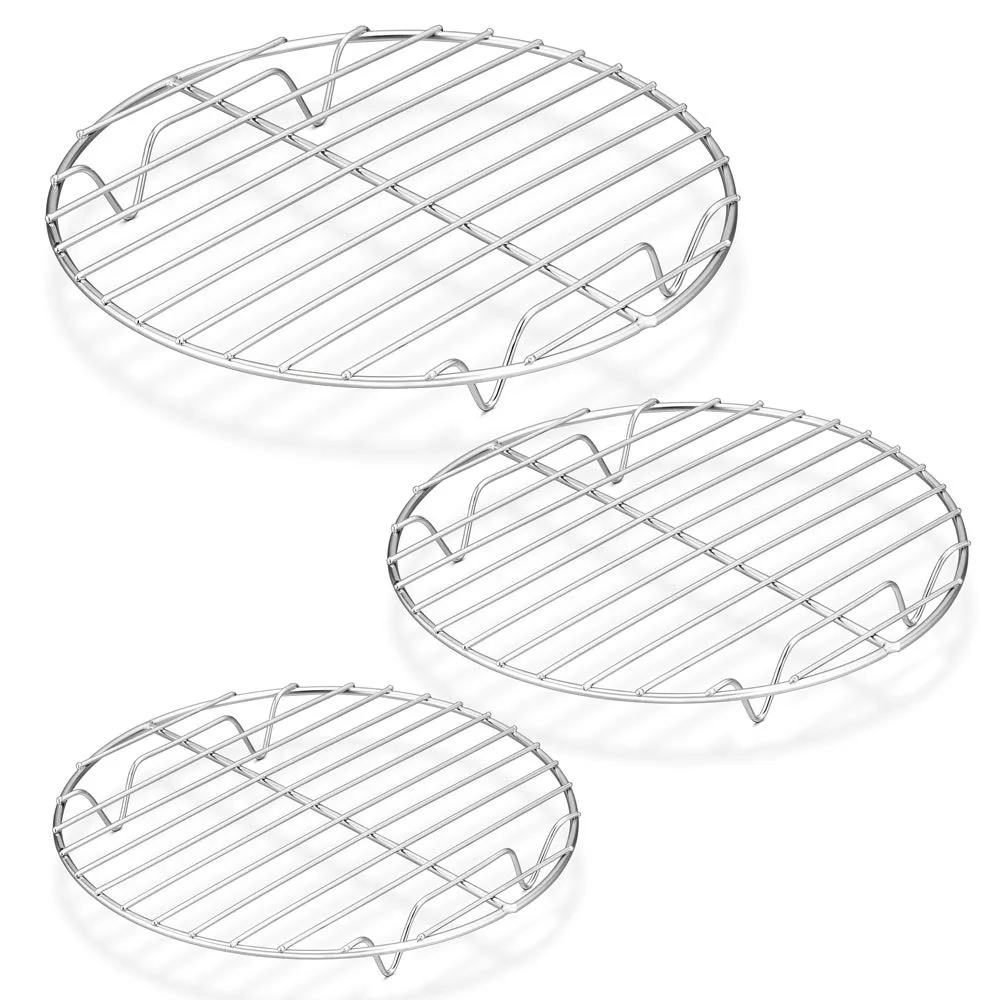 Three silver stainless steel round cooling racks nested together diameters 7.5 9 10.5 inches