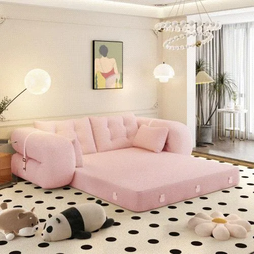 Pink teddy fabric foldable sofa bed, 78.7 inches long, with headrest and lumbar pillows