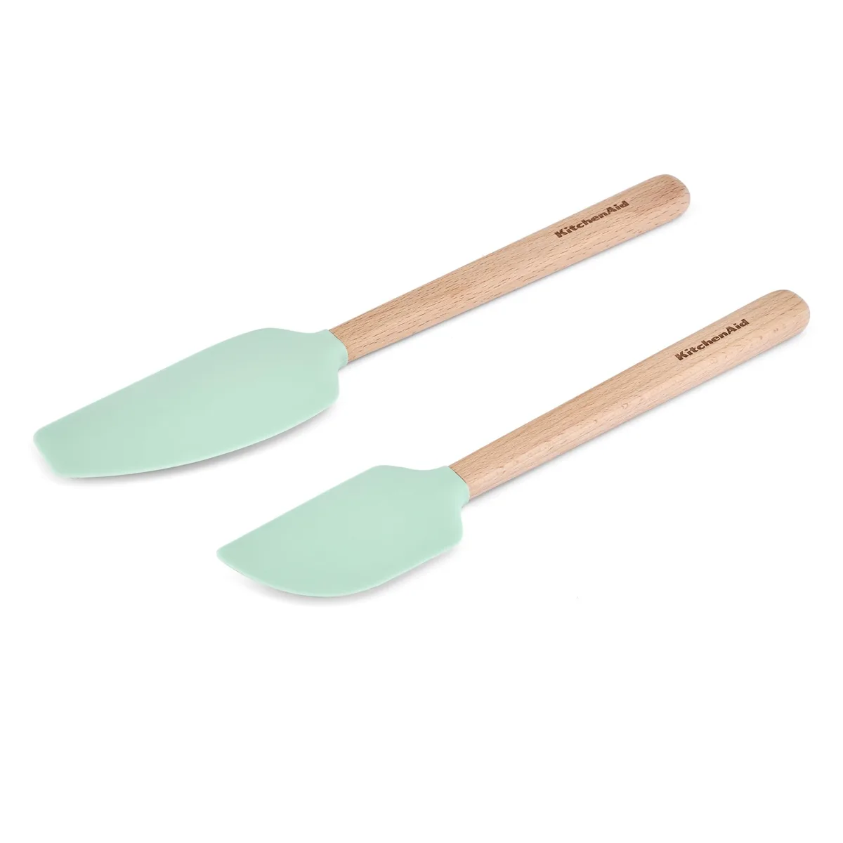 Two spearmint silicone spatulas with beechwood handles, one scraper and one curved mixer shape