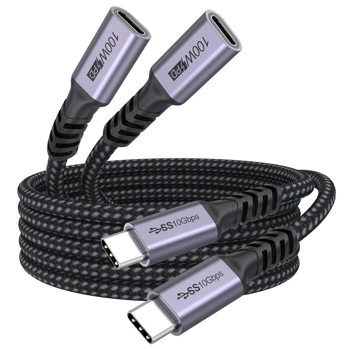 Two grey braided USB-C male-to-female extension cables, each six feet long