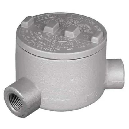 Iron conduit outlet body, rectangular box with threaded hub, dark grey finish
