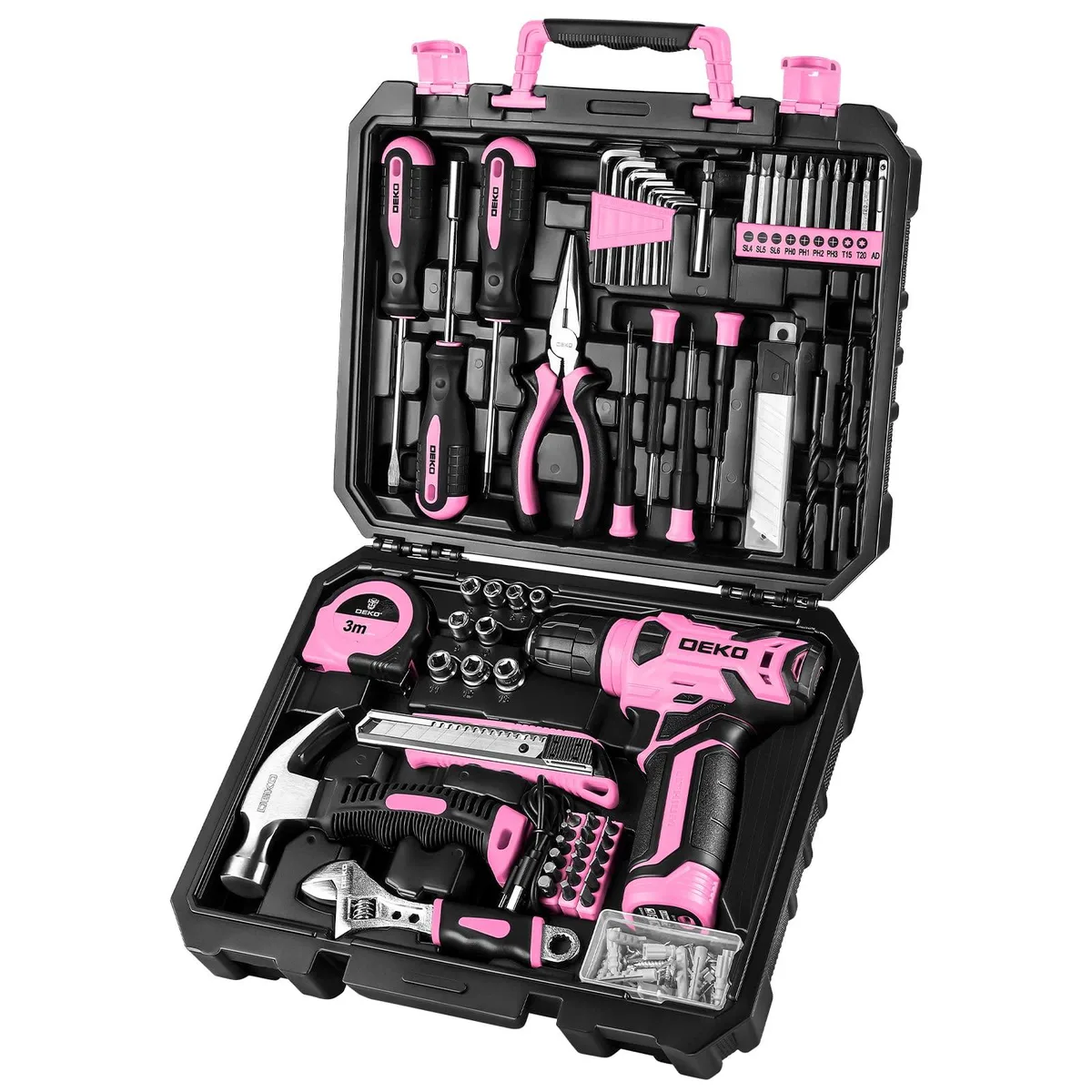Pink 8V cordless drill with 126-piece tool kit in case