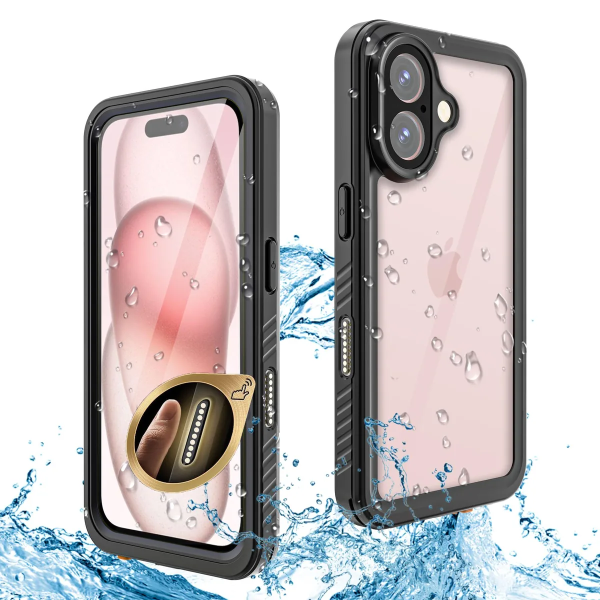 Black waterproof iPhone 16 case with built-in screen protector, camera lens covers, strap and tactile capture button
