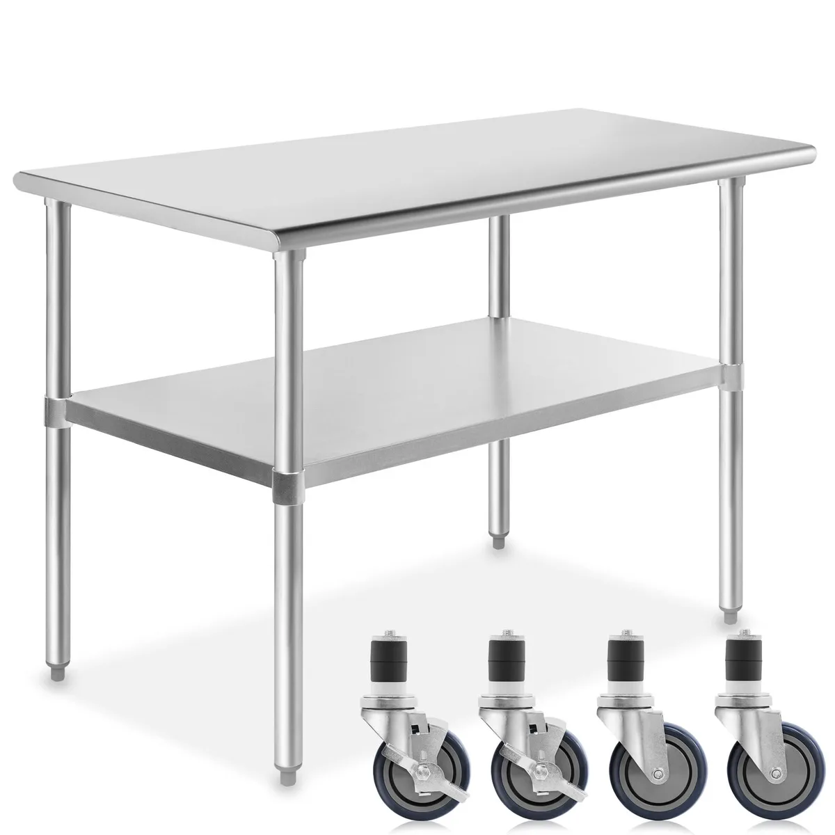 Rectangular stainless steel prep table with four casters, rounded front and back edges, galvanized undershelf and legs