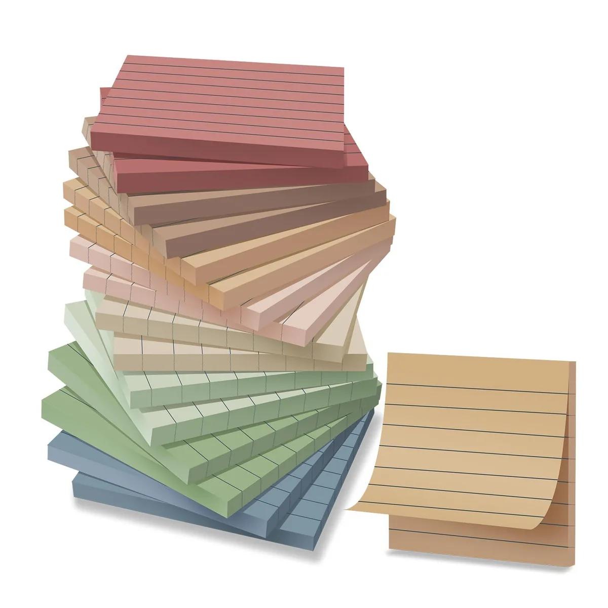 Sixteen square vintage-coloured lined sticky-note pads stacked together