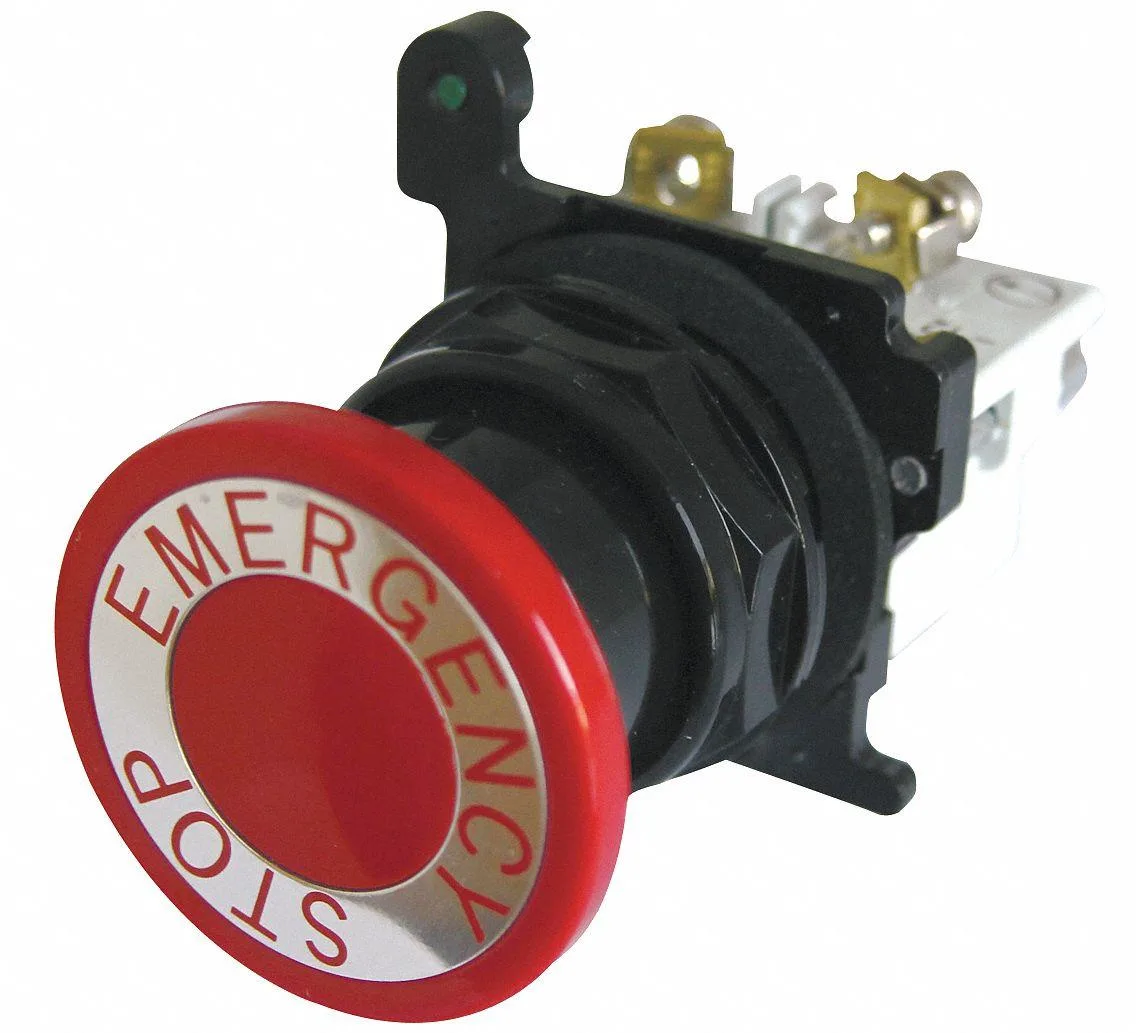 Red 30 mm mushroom-head emergency stop push button with epoxy-coated metal bezel