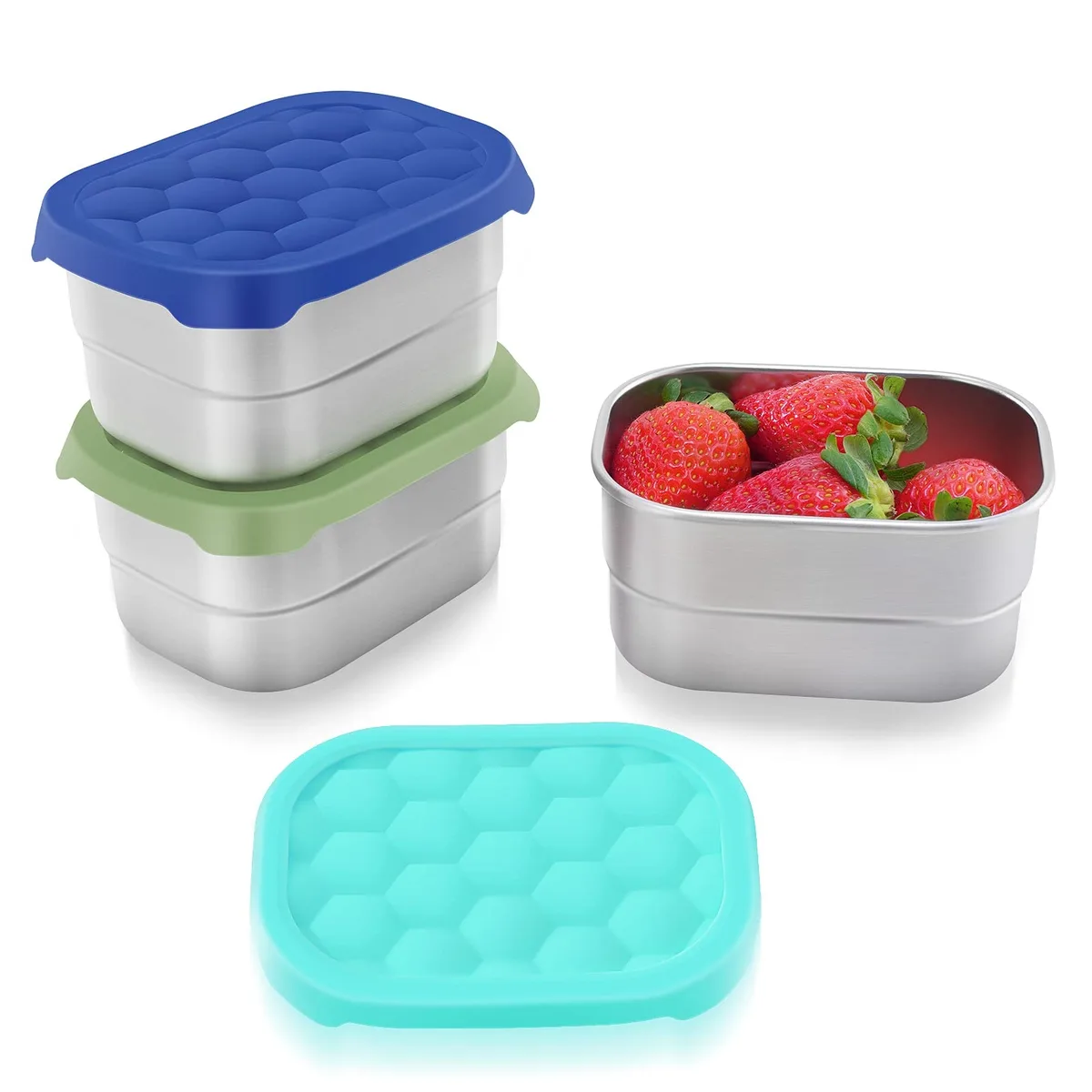 Three stainless steel snack boxes with blue silicone lids stacked together